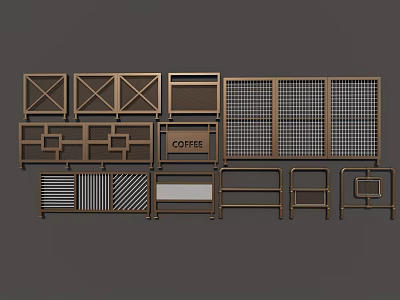 Metal Fence Designs With Grid Patterns Striped Panels And Coffee Sign 3d model