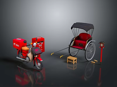 Classic Red Rickshaw Bicycle With Black Canopy Red Seat And Wooden Stool 3d model