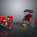 Classic Red Rickshaw Bicycle With Black Canopy Red Seat And Wooden Stool