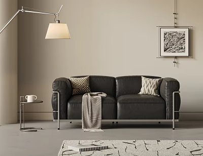 Modern Black Two-Seater Leather Sofa With Pillows Throw Blanket Floor Lamp Side Table And Rug 3d model