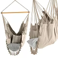 Bohemian Style Hanging Chair With Linen Fabric Soft Pillows Tassel Details And Wooden Hanging Rod