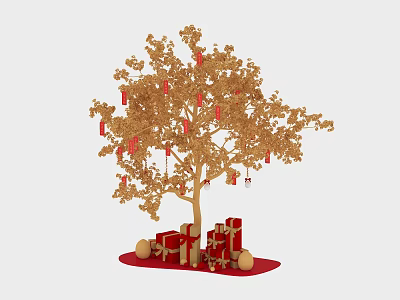 Golden Tree With Red Lanterns Red Gift Boxes And Golden Balls Decorations 3d model