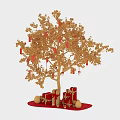 Golden Tree With Red Lanterns Red Gift Boxes And Golden Balls Decorations