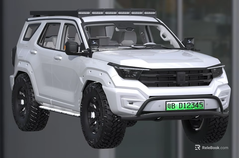 White Off Road SUV with Roof Mounted Light Bar Large Tires and Black Wheels 3d model 