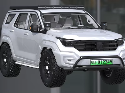 White Off Road SUV with Roof Mounted Light Bar Large Tires and Black Wheels 3d model
