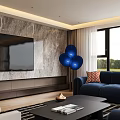 Modern Spacious Bright Living Room Interior With Panoramic Window And Cozy Navy Blue Fabric Sofas