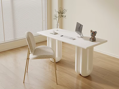 Modern White Desk With Gold Leg Chair Laptop Vase And Decorative Item In Minimalist Room 3d model