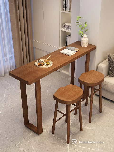 Long Wooden Bar Counter With Food Plate Book Vase And Two Stools In Living Room 3d model 