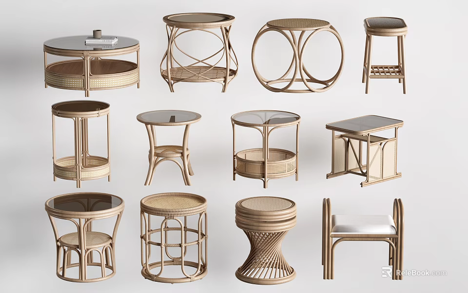 Various Modern Coffee Tables With Rattan Details And Different Shapes For Home Decor 3d model 