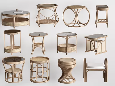 Various Modern Coffee Tables With Rattan Details And Different Shapes For Home Decor 3d model
