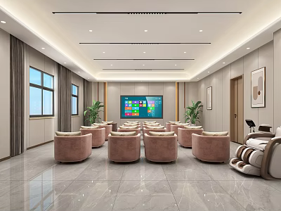 Modern Bank Lobby Interior With Comfortable Sofas Digital TV Plants And Marble Flooring 3d model