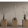 Decorative Vases With Flowers And Branches On Wooden Pedestals Neutral Background