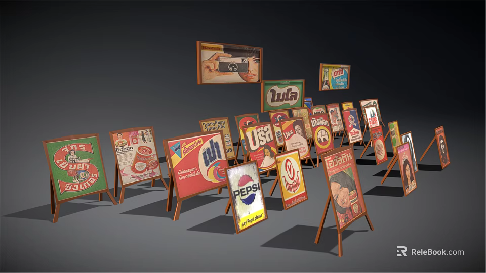 Vintage Advertising Signs Display On Wooden Exhibition Shelves With Brand Logos 3d model 