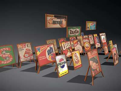 Vintage Advertising Signs Display On Wooden Exhibition Shelves With Brand Logos 3d model