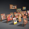 Vintage Advertising Signs Display On Wooden Exhibition Shelves With Brand Logos