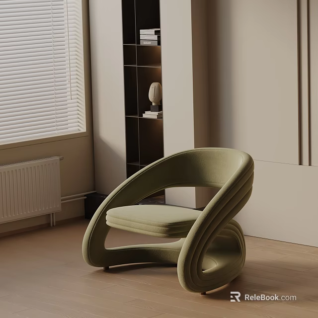 Light Green Leisure Chair with Curved Lines in Modern Room with Window Blinds and Shelf 3d model 