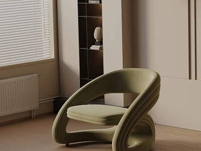 Light Green Leisure Chair with Curved Lines in Modern Room with Window Blinds and Shelf 3d model