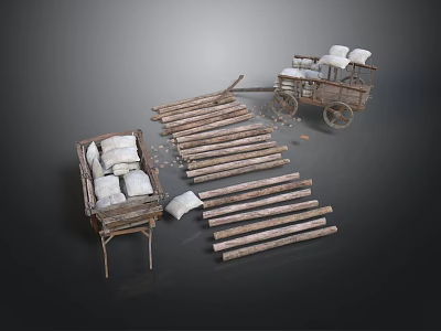 Vintage Wooden Cart Loaded With White Sacks And Stacked Wooden Logs 3d model