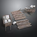 Vintage Wooden Cart Loaded With White Sacks And Stacked Wooden Logs