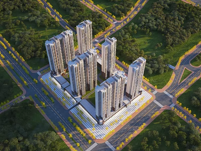 Aerial Planning of Residential Complex With High Rise Buildings Green Areas and Roads 3d model