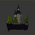 Cartoon Scene Featuring Fairy Tale Castle With Spire Towers Green Trees And River