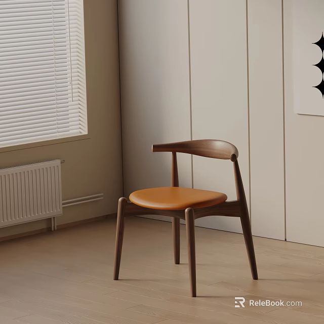 Modern Accent Chair with Wooden Frame and Orange Leather Seat in Light Room with Blinds 3d model 