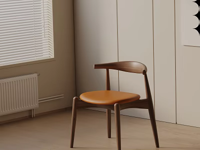 Modern Accent Chair with Wooden Frame and Orange Leather Seat in Light Room with Blinds 3d model
