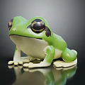 3D Green Frog Character With Big Eyes Green Body White Belly On Black Background With Reflection