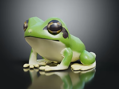 3D Green Frog Character With Big Eyes Green Body White Belly On Black Background With Reflection 3d model