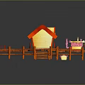 Scenic Countryside View with Red Roof Cottage Wooden Deck and Pink Flowers