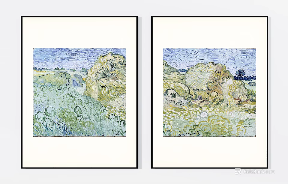 Van Gogh Style Landscape Paintings With Green Fields Trees And Sky In Impressionist Tones 3d model 