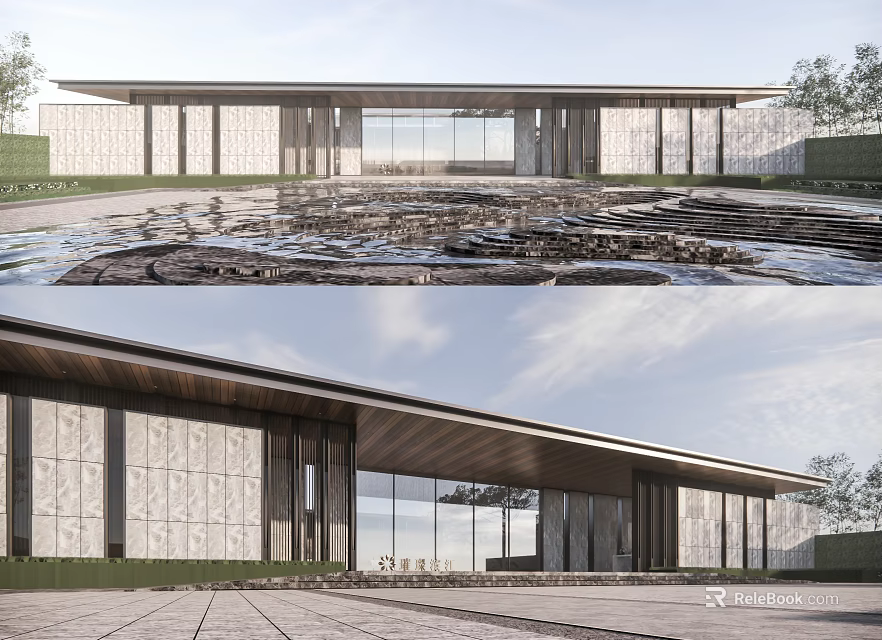 Modern Sales Office Building With Large Glass Windows Stone Walls Wooden Roof And Water Reflection 3d model 