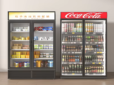 Summer Beverage Refrigerators With Coca Cola Drinks And Assorted Bottles Cans 3d model