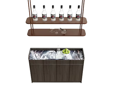 Modern Dark Wooden Sideboard With Wine Bottles Wine Glasses Ice And Green Apples On Top 3d model