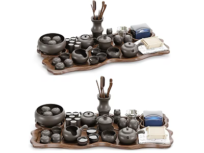 Complete Traditional Tea Set with Teapot Teacups Bowls and Wooden Tray 3d model