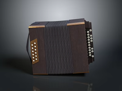 Elegant Dark Wooden Accordion With Folded Bellows Round White Buttons And Vintage Design 3d model