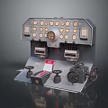 Industrial Mechanical Control Panel With Circular Buttons Knobs Dials And Levers