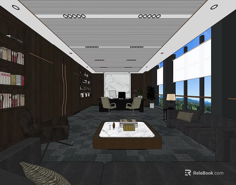 Spacious Modern Office Interior With Bookshelves Sofa Coffee Table And Large Windows 3d model