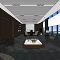 Spacious Modern Office Interior With Bookshelves Sofa Coffee Table And Large Windows 3d model