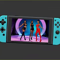 Blue Handheld Game Console Screen Showing Three Women Dancing On Stage With Colored Lights