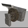 Rustic Garden Ornament With Old Stone Structure Wooden Wheel And Stone Blocks
