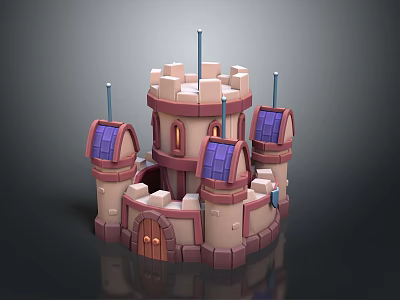 Cartoon Scene Featuring 3D Castle Towers Purple Roofs Pink and Beige Walls 3d model