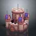 Cartoon Scene Featuring 3D Castle Towers Purple Roofs Pink and Beige Walls