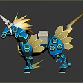Game Movie Character Blue Mechanical Unicorn With Gold Accents Glowing Horn And Lightning Effects