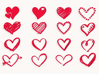 Red Heart Designs Collection With Hand Drawn Various Styles And Shapes 3d model