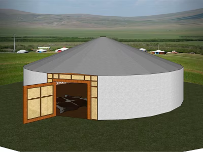 Traditional Yurt With White Canvas Roof Wooden Frame Open Door Green Grassland And Distant Mountains 3d model