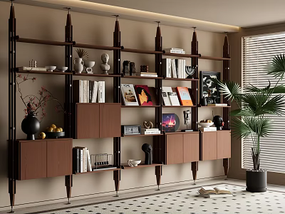 Modern Dark Brown Wooden Bookcase With Multiple Shelves Books Decorative Vases Sculptures And Green Plant 3d model