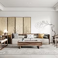 Elegant Traditional Chinese Living Room With Sofa Wooden Coffee Table Calligraphy Screen And Decorative Tree Branch