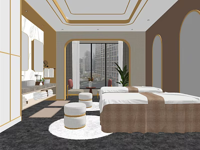 Modern SPA Sauna Room With Massage Beds Large Windows Green Plants And Round Stools 3d model