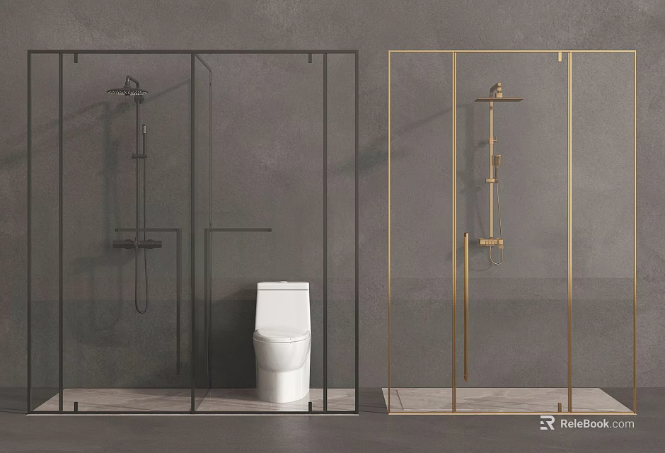 Stylish Shower System With Black And Gold Frame In Glass Enclosure Bathroom 3d model 